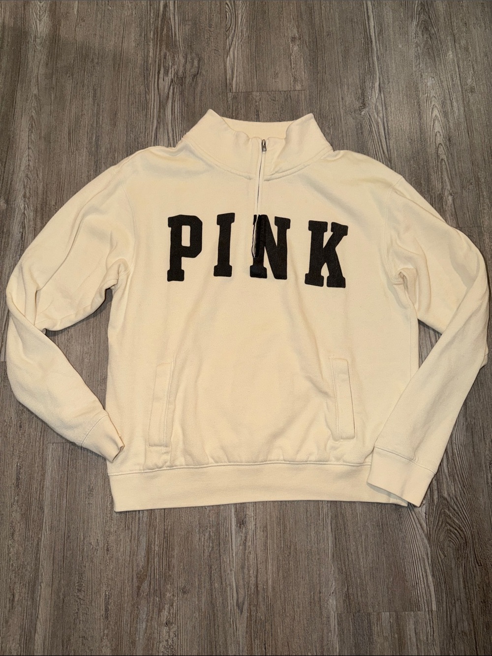PINK Victoria's Secret Cream Half-Zip Pullover with Black Lettering